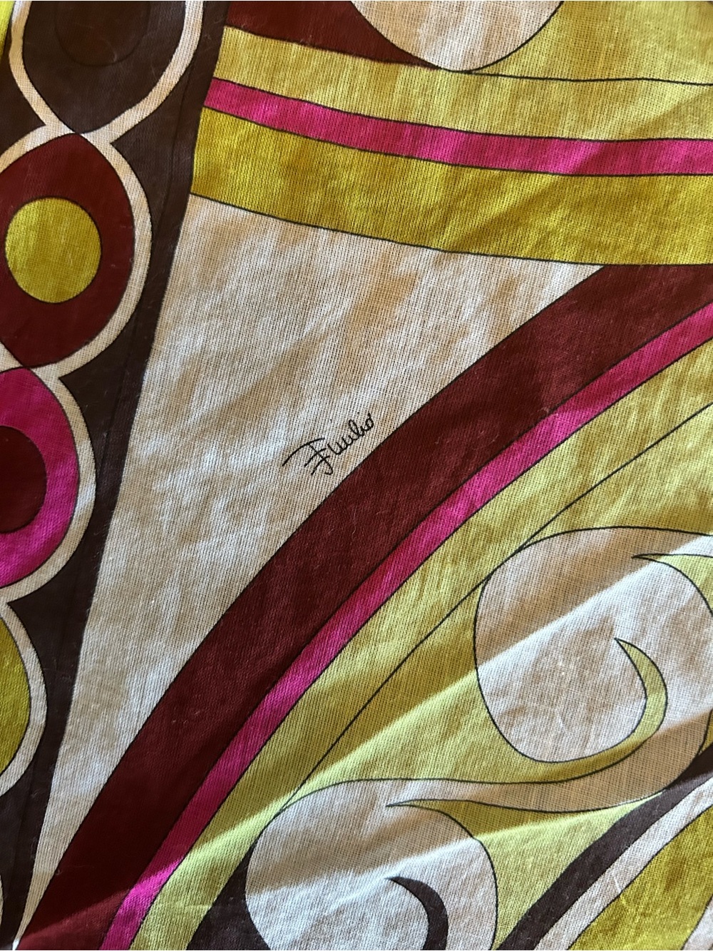 Vintage Emilio Pucci Vibrant Pink, Yellow & Brown Circular Print Cotton Scarf - Picture 2 of 4